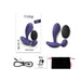 Purple silicone P & G vibrator with black remote, USB charging cable, user manual, and black storage pouch.