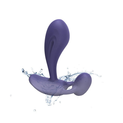 Purple silicone rechargeable remote-controlled vibrator with curved design and water splash, highlighting its waterproof feature.
