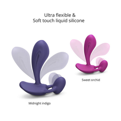Two flexible silicone P & G vibrators in midnight indigo and sweet orchid colors showing their soft touch and bendable design.