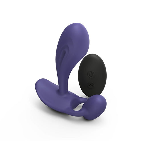 Purple silicone rechargeable P and G vibrator with flexible design and black remote control on white background
