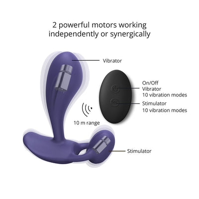 Diagram showing a purple silicone vibrator with two motors and a black remote control with two buttons for 10 vibration modes each.