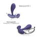 Purple rechargeable silicone P & G vibrator shown with USB charging cable and water splash highlighting waterproof feature.