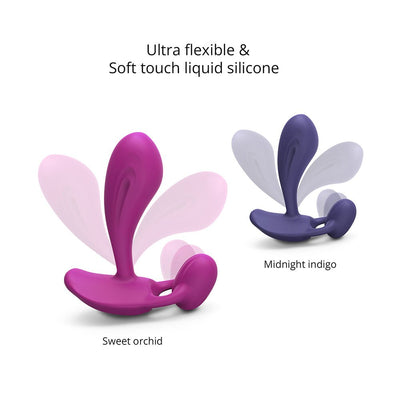 Two flexible silicone P & G vibrators in sweet orchid and midnight indigo colors showing 360° bend capability.