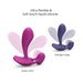 Two flexible silicone P & G vibrators in sweet orchid and midnight indigo colors showing 360° bend capability.