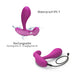Purple rechargeable silicone vibrator with curved design shown with water splash and charging cable.