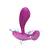 Purple silicone rechargeable remote-controlled vibrator with curved design and water splashes, highlighting its waterproof feature.