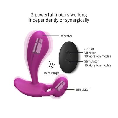 Diagram of a purple silicone P & G vibrator with two motors and a black remote control showing 10 vibration modes each and 10m wireless range.