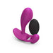 Purple silicone P & G vibrator with clitoral stimulator and black remote control on white background.