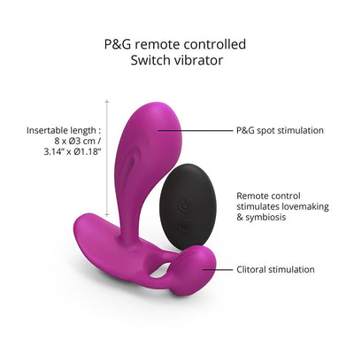 Purple silicone P & G spot vibrator with clitoral stimulator and black remote control, showing dimensions and key features.