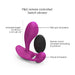 Purple silicone P & G spot vibrator with clitoral stimulator and black remote control, showing dimensions and key features.