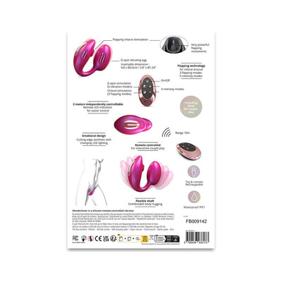 Diagram of Love To Love Wonderlover remote-controlled vibrator showing flapping clitoral stimulator, G-spot vibrating egg, remote control, flexible shaft, and key features.