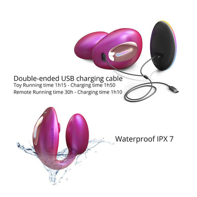Purple Love To Love Wonderlover with remote and double-ended USB charging cable, shown with water splash highlighting waterproof feature.