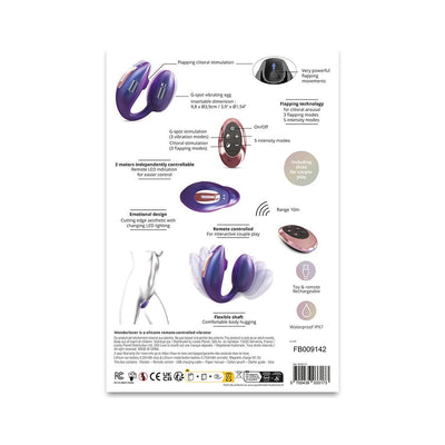 Purple Love To Love Wonderlover vibrator with remote control and labeled features on white background.