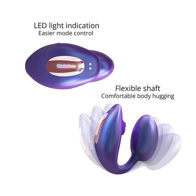Purple Love To Love Wonderlover with LED light indication and flexible shaft for comfortable body hugging shown in adjustable positions.