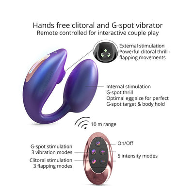 Purple hands-free clitoral and G-spot vibrator with remote control featuring multiple stimulation modes and 10m wireless range.