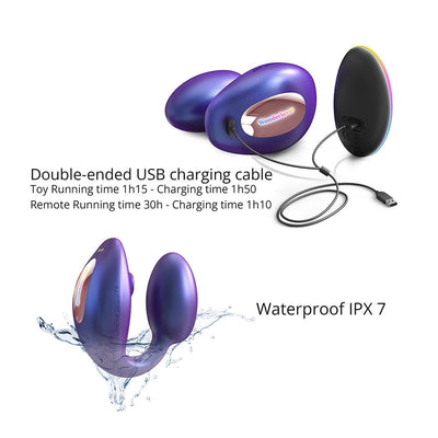 Purple Love To Love Wonderlover with remote and double-ended USB charging cable, shown with water splash highlighting waterproof feature.