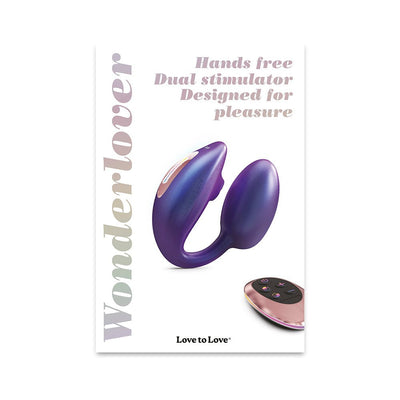 Purple hands-free dual stimulator with flexible design and remote control, shown on white background with product name and features.