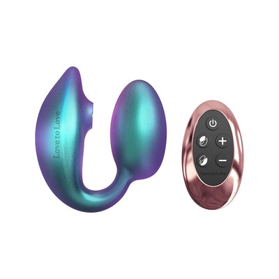 Love To Love Wonderlover flexible dual stimulator in iridescent blue-purple with rose gold remote control on white background.