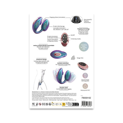 Back view of Love To Love Wonderlover with remote showing flapping clitoral stimulator, G-spot vibrating egg, remote control, and product features.