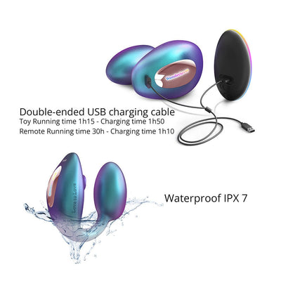Love To Love Wonderlover with remote showing double-ended USB charging cable and waterproof feature with water splash effect.