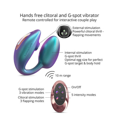 Hands-free clitoral and G-spot vibrator with remote control, featuring flapping clitoral stimulation and multiple vibration modes.