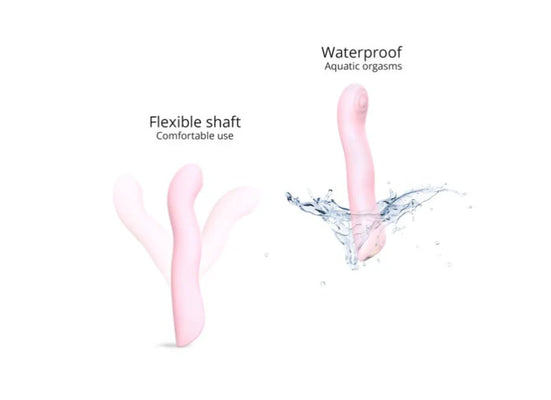 Pink silicone G-spot vibrator with flexible shaft and waterproof design shown with water splash.
