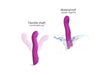 Purple silicone G-spot vibrator with flexible shaft and waterproof design shown with water splash and bending motion.