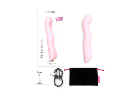 Pink silicone rechargeable triple motor G-spot vibrator with USB charger, storage pouch, and user manual.