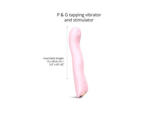Pink silicone P & G tapping vibrator and stimulator with ergonomic curved design and insertable length dimensions.