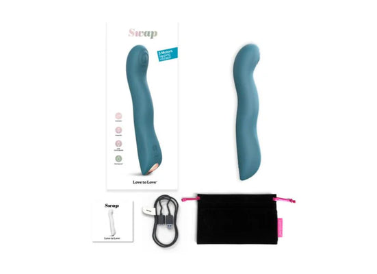 Blue silicone rechargeable triple motor G-spot vibrator with packaging, USB charger, manual, and storage pouch.