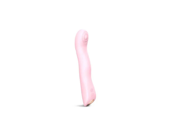 Pink rechargeable silicone G-spot vibrator with curved ergonomic design and textured tip for tapping stimulation.