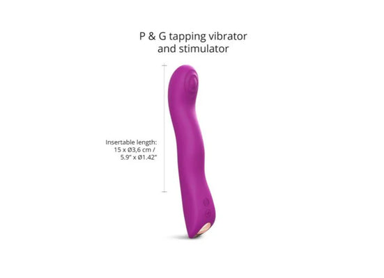 Purple silicone P and G spot tapping vibrator with ergonomic curved design and control buttons.
