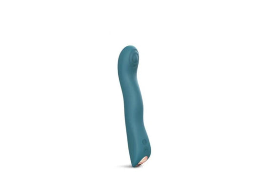 Teal silicone rechargeable G-spot vibrator with curved ergonomic design and control buttons.
