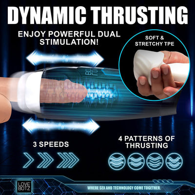 Illustration of Lovebotz The Milker Max showing dynamic thrusting with 3 speeds, 4 thrusting patterns, and soft stretchy TPE sleeve.