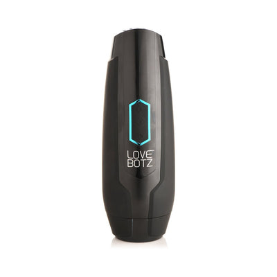 Sleek black Lovebotz The Milker Max vibrating and thrusting male masturbator with blue-lit control buttons on front.