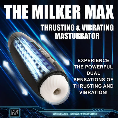 Lovebotz The Milker Max black and white thrusting and vibrating male masturbator with textured sleeve and control buttons.