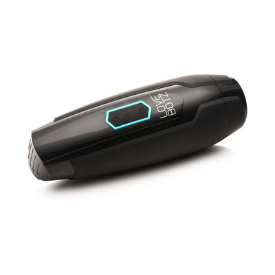 Sleek black Lovebotz The Milker Max thrusting and vibrating male masturbator with control buttons and ergonomic design.