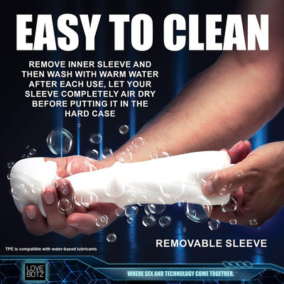 Hands holding a white removable sleeve being washed with water bubbles, highlighting easy cleaning instructions.