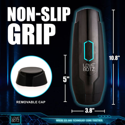 Black Lovebotz The Milker Max with non-slip grip, removable cap, and dimensions 10.8 by 3.8 inches, highlighted on dark background.