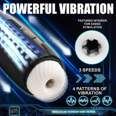 Lovebotz The Milker Max with textured white interior sleeve, highlighting 3 vibration speeds and 4 vibration patterns.