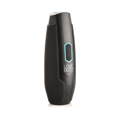 Sleek black Lovebotz The Milker Max thrusting and vibrating male pleasure device with illuminated control buttons.
