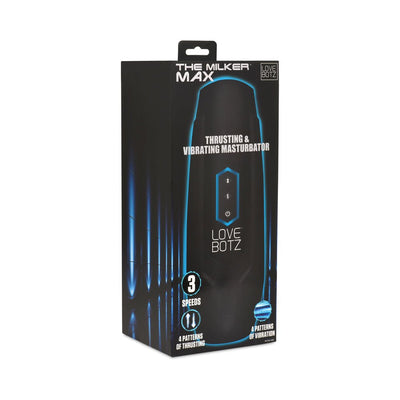 Packaging box of Lovebotz The Milker Max thrusting and vibrating male masturbator with control buttons and feature highlights.
