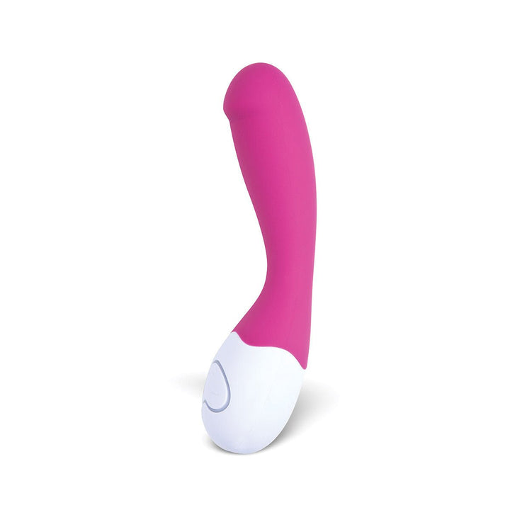 Pink and white curved G-spot vibrator with ergonomic design and single button control on white background.