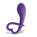 Purple curved plug with bulbous tip and heart-shaped handle for comfortable and secure use.