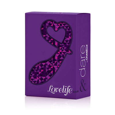 Purple LoveLife Dare Curved Plug packaging with geometric heart-shaped window showing the product inside.