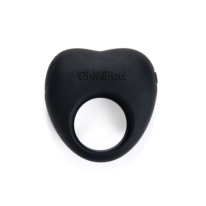 Black silicone Lovelife Share couples ring with OhMiBod logo and a circular center opening on white background.