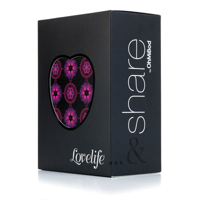 Black Lovelife Share box with heart-shaped window showing purple and pink patterned couples ring inside.
