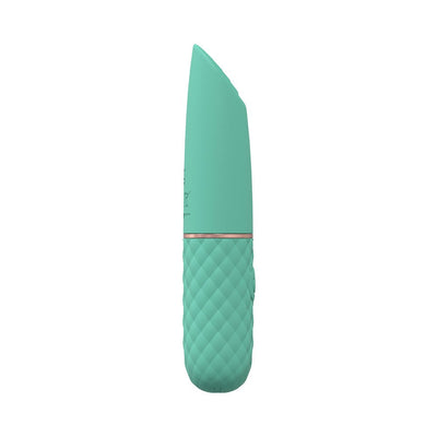 Compact green silicone mini-lipstick vibrator with textured grip and angled tip, rechargeable and waterproof design.
