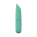 Compact green silicone mini-lipstick vibrator with textured grip and angled tip, rechargeable and waterproof design.