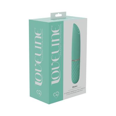 Loveline Beso 10-speed vibrating mini-lipstick in green with silicone texture shown in packaging box.